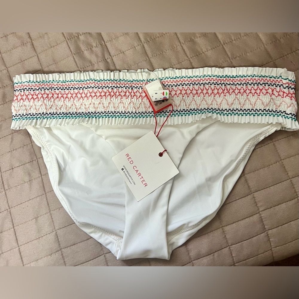 Red Carter White Bikini Bottom with Colorful Embroidery SzM Chic Coastal Beach